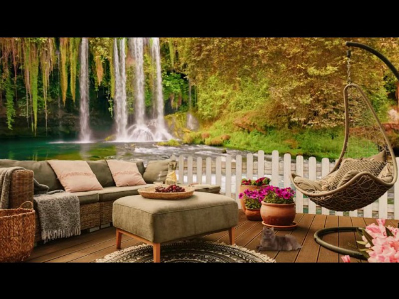 image 0 Cozy Morning Ambience At Porch - A Relaxing Autumn Day By The Gentle Waterfall