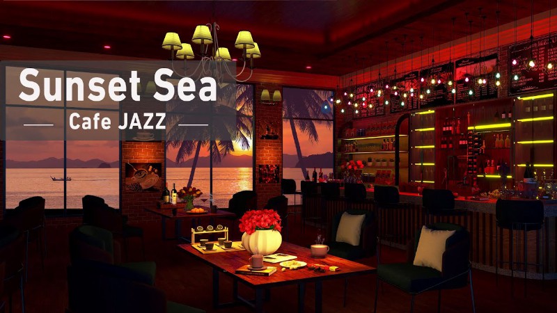 Sunset Cafe Ambience With Relaxing Guitar Music & Crashing Waves Sounds For Work Study Good Mood
