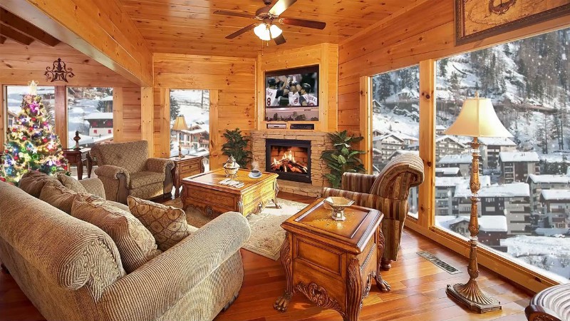 image 0 Winter Cozy Cabin In Snowfall With Crackling Fireplace Sound Relaxing Wind & Christmas Ambience